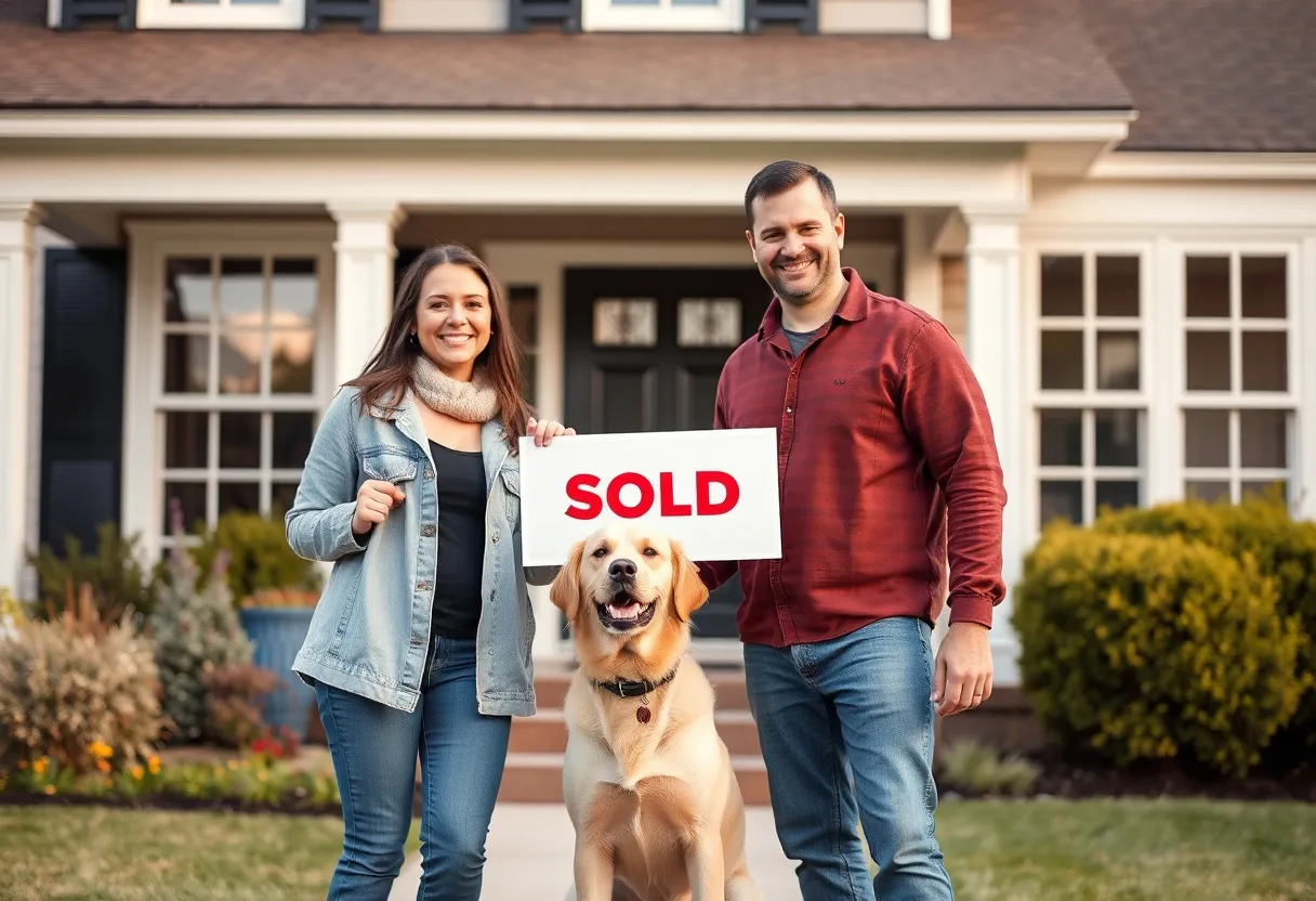 Homebuyers holding a “Sold” sign with their dog in front of their newly purchased house.